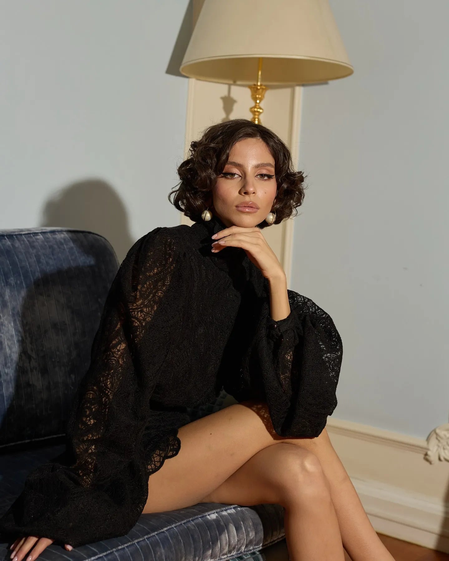 Ensemble Deux Pièces Dentelle Chic à Manches Bouffantes