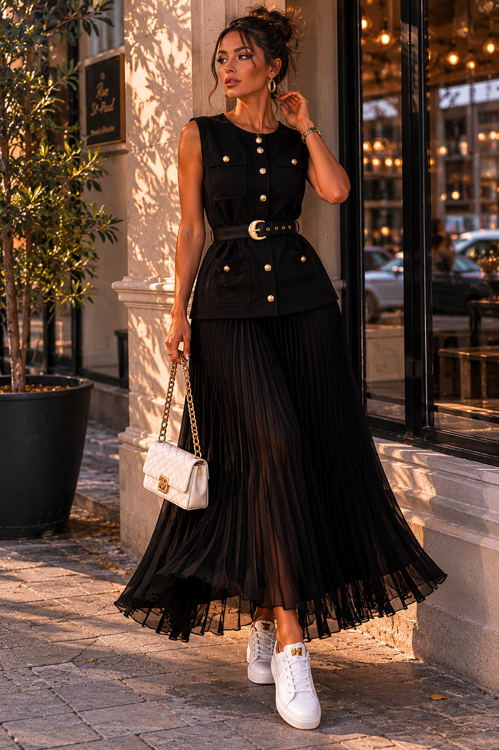 Ensemble Femme Chic Gilet Sans Manches & Jupe Plissée