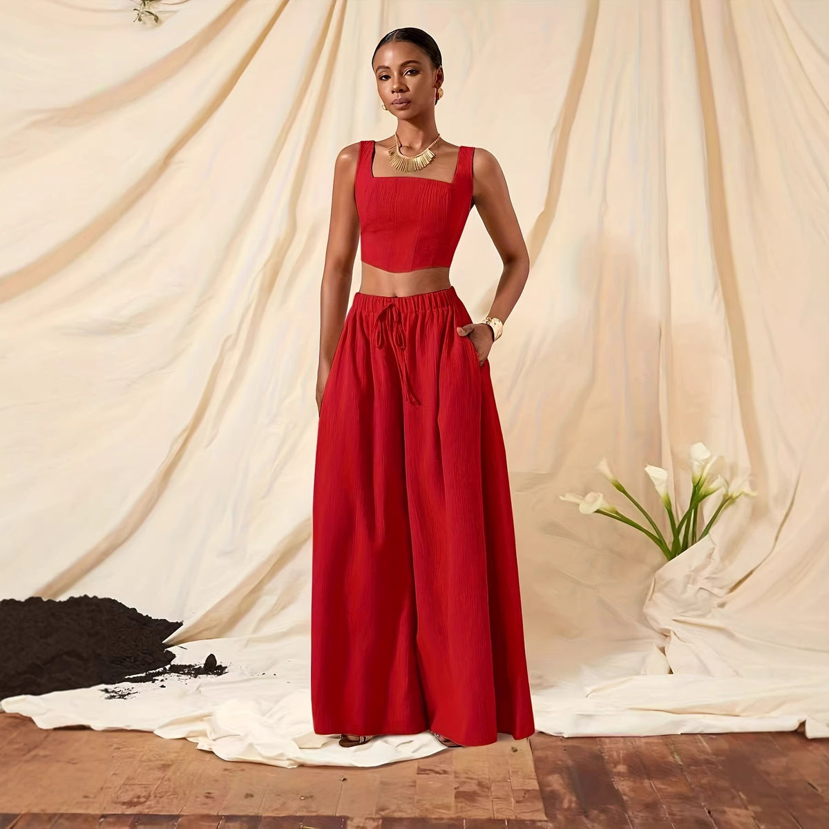 Ensemble femme crop top et pantalon large fluide rouge ou kaki – My Fashion Glow