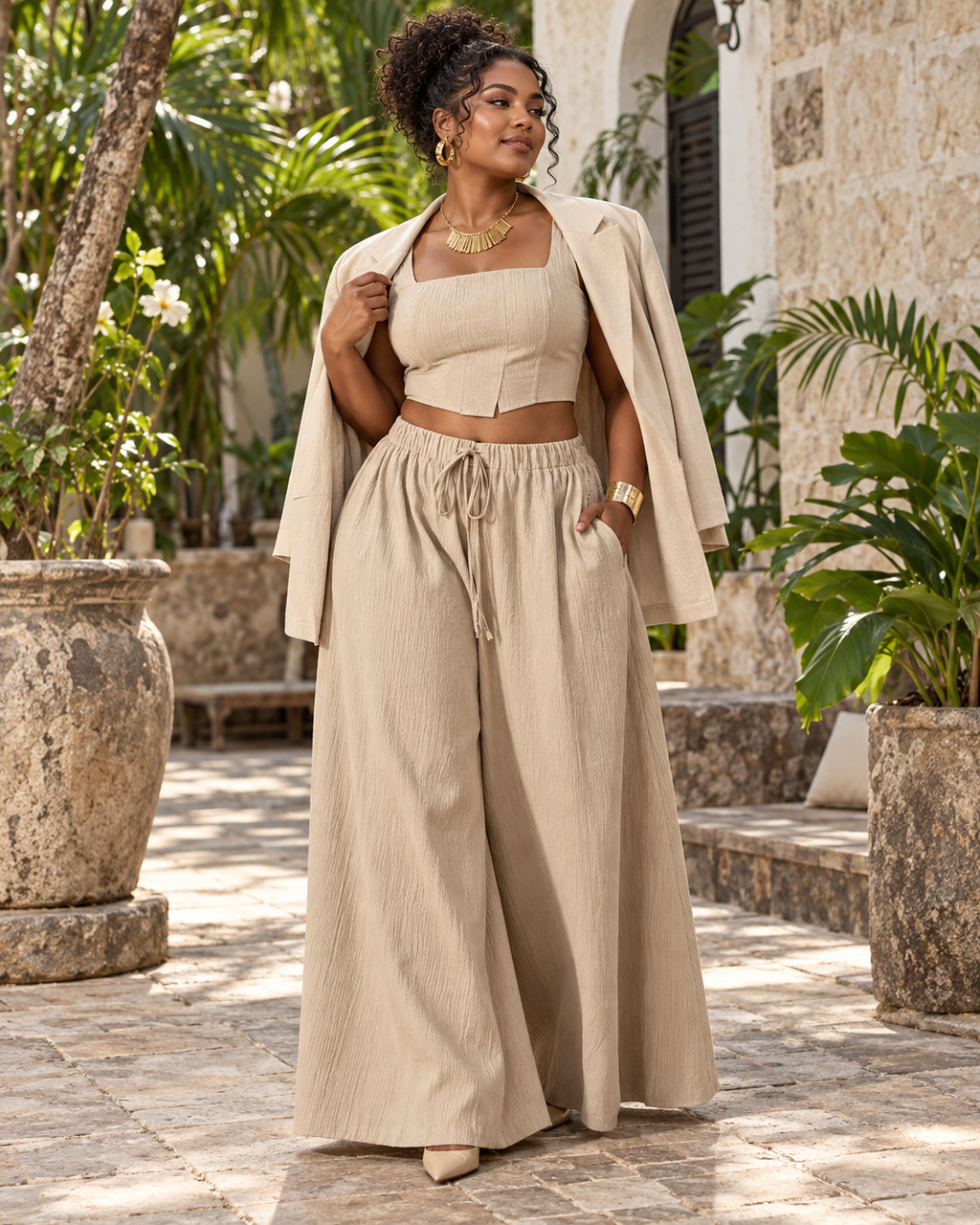Ensemble femme crop top et pantalon large fluide rouge ou kaki – My Fashion Glow