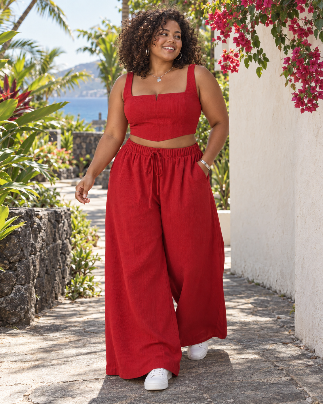 Ensemble femme crop top et pantalon large fluide rouge ou kaki – My Fashion Glow
