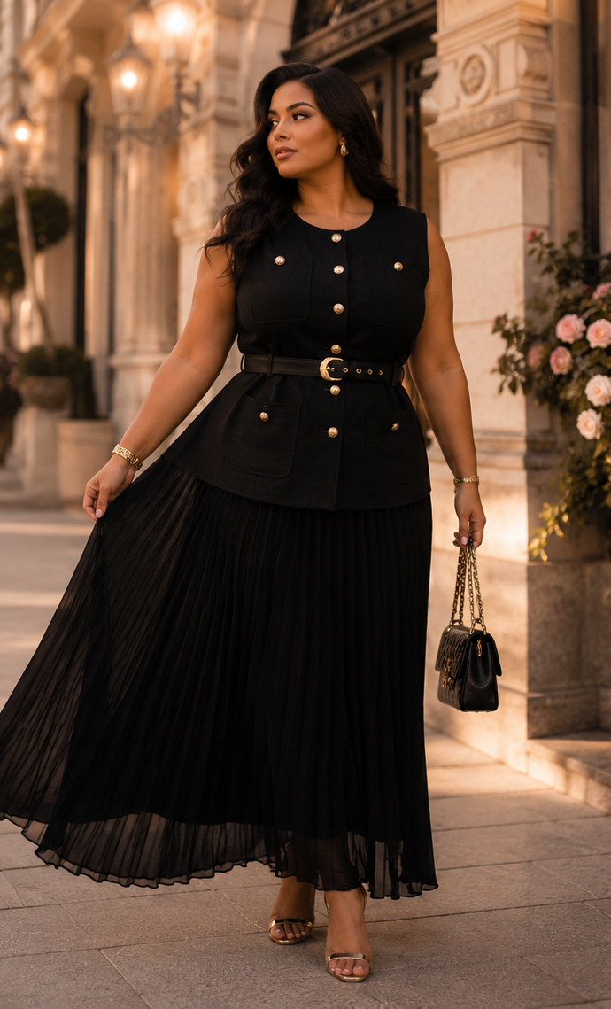 Ensemble Femme Chic Gilet Sans Manches & Jupe Plissée